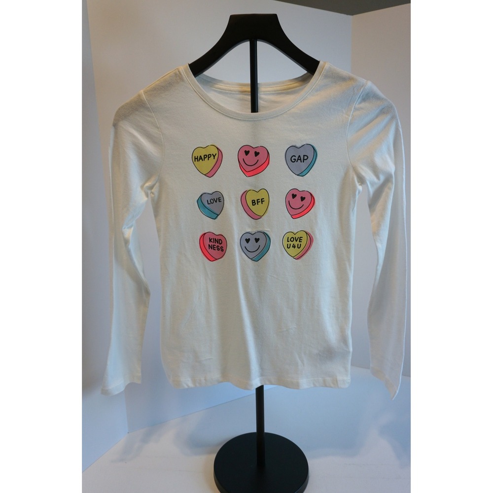 Gap Kids Girls White Conversation Heart Long Sleeve Graphic T-Shirt Size L 10-11